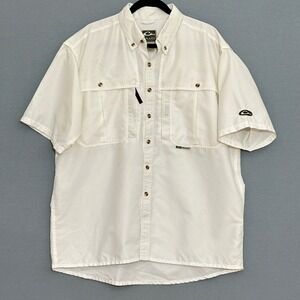 Drake Mens Shirt L Off White Short Sleeve Fishing Button Up Mesh Vented Outdoor
